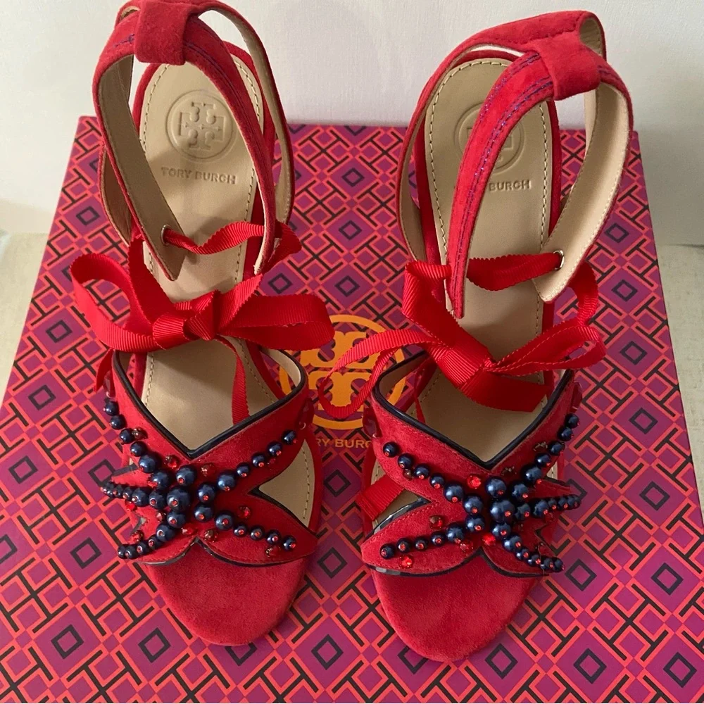 TORY BURCH NIB Seaside Red Suede Beaded Ribbon Ankle Strap Heels 7